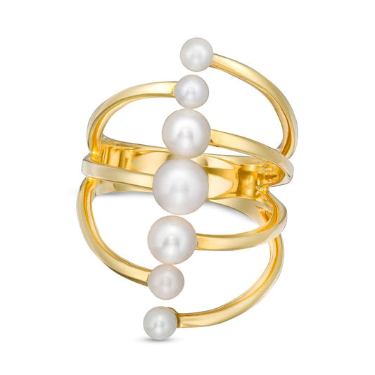 3.0-5.0mm Cultured Freshwater Pearl Graduated Linear Multi-Row Split Shank Ring in Solid 10K Yellow Gold