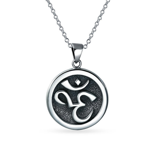 Oxidized Om Sanskrit Symbol Medallion Pendant in Sterling Silver