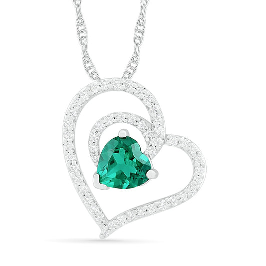6.0mm Lab-Created Emerald and White Sapphire Tilted Double Loop Heart Pendant in Sterling Silver