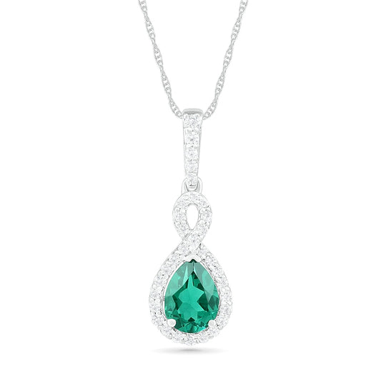 Pear-Shaped Lab-Created Emerald and White Sapphire Infinity Drop Pendant in Sterling Silver