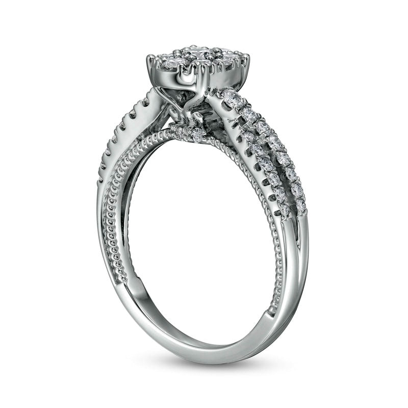 0.63 CT. T.W. Composite Oval Natural Diamond Crossover Shank Engagement Ring in Solid 14K White Gold