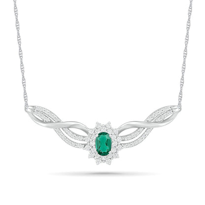 Oval Lab-Created Emerald and White Sapphire Starburst Frame Triple Row Twist Ribbon Necklace in Sterling Silver
