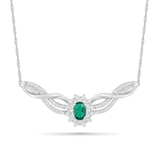 Oval Lab-Created Emerald and White Sapphire Starburst Frame Triple Row Twist Ribbon Necklace in Sterling Silver