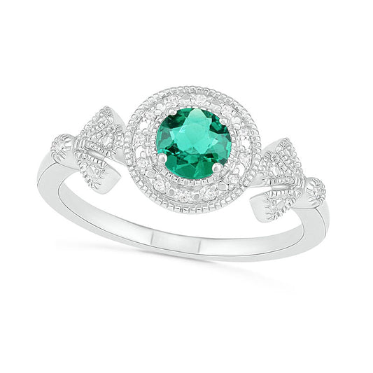 5.0mm Lab-Created Emerald and 0.05 CT. T.W. Diamond Beaded Frame Fan Side Accent Antique Vintage-Style Ring in Sterling Silver