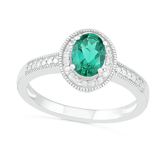 Oval Lab-Created Emerald and 0.05 CT. T.W. Diamond Beaded Frame Antique Vintage-Style Ring in Sterling Silver