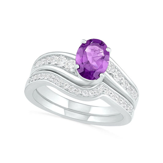 Oval Amethyst and White Lab-Created Sapphire Bypass Bridal Engagement Ring Set in Sterling Silver