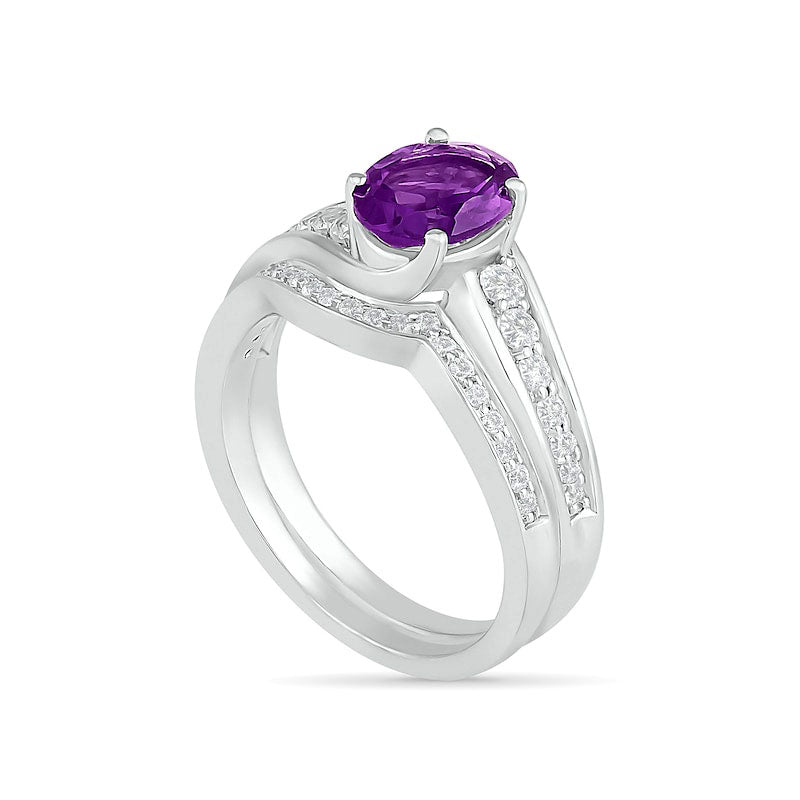 Oval Amethyst and White Lab-Created Sapphire Bypass Bridal Engagement Ring Set in Sterling Silver