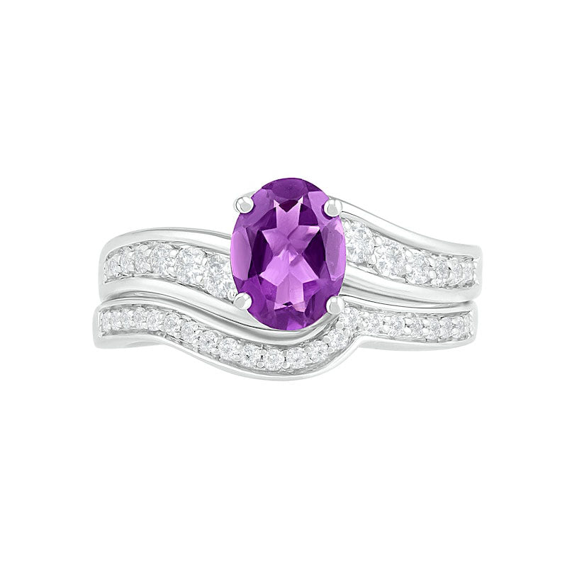 Oval Amethyst and White Lab-Created Sapphire Bypass Bridal Engagement Ring Set in Sterling Silver