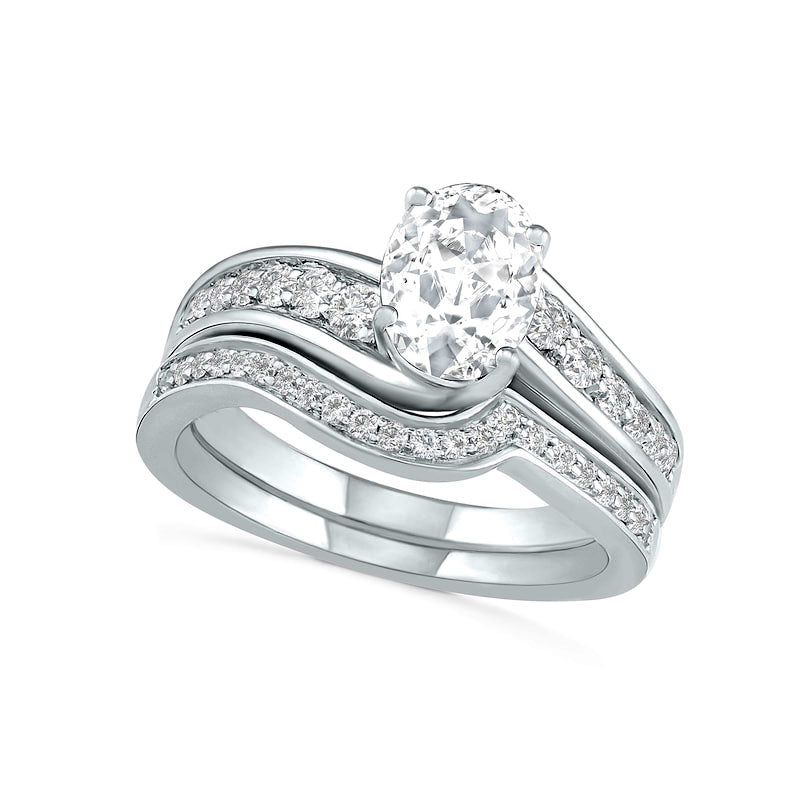 Oval White Lab-Created Sapphire Bypass Bridal Engagement Ring Set in Sterling Silver