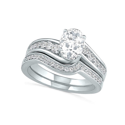 Oval White Lab-Created Sapphire Bypass Bridal Engagement Ring Set in Sterling Silver