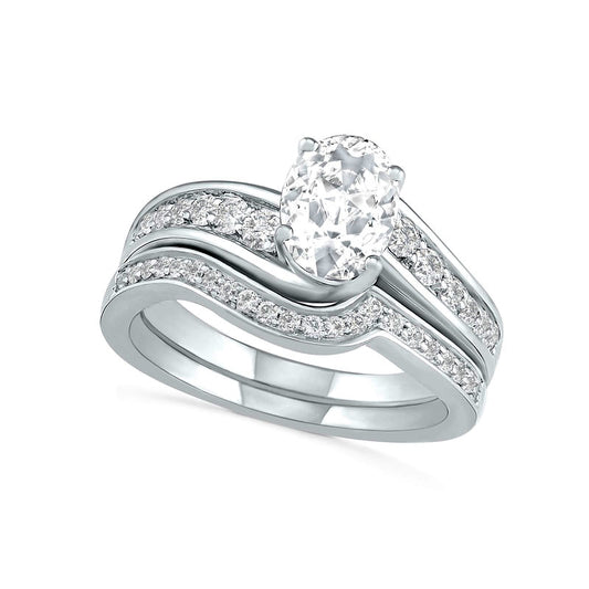 Oval White Lab-Created Sapphire Bypass Bridal Engagement Ring Set in Sterling Silver