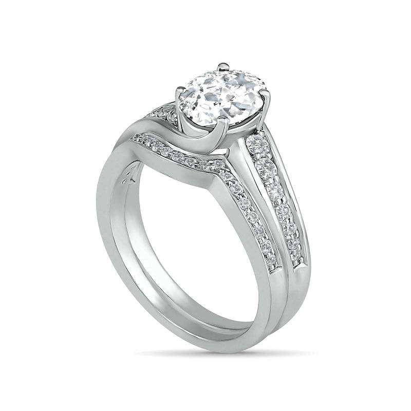 Oval White Lab-Created Sapphire Bypass Bridal Engagement Ring Set in Sterling Silver