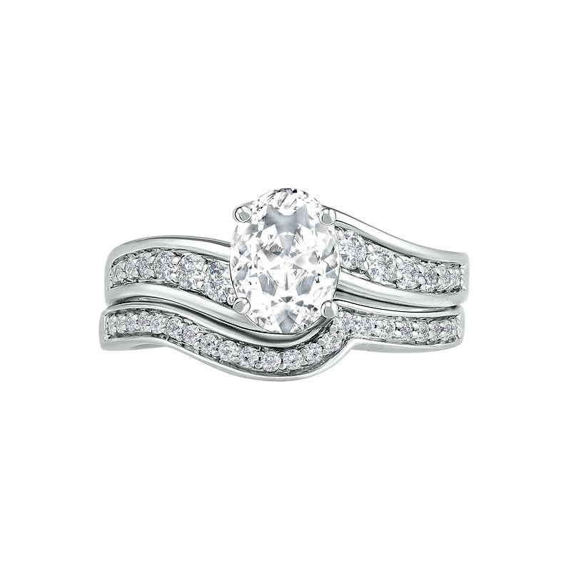 Oval White Lab-Created Sapphire Bypass Bridal Engagement Ring Set in Sterling Silver