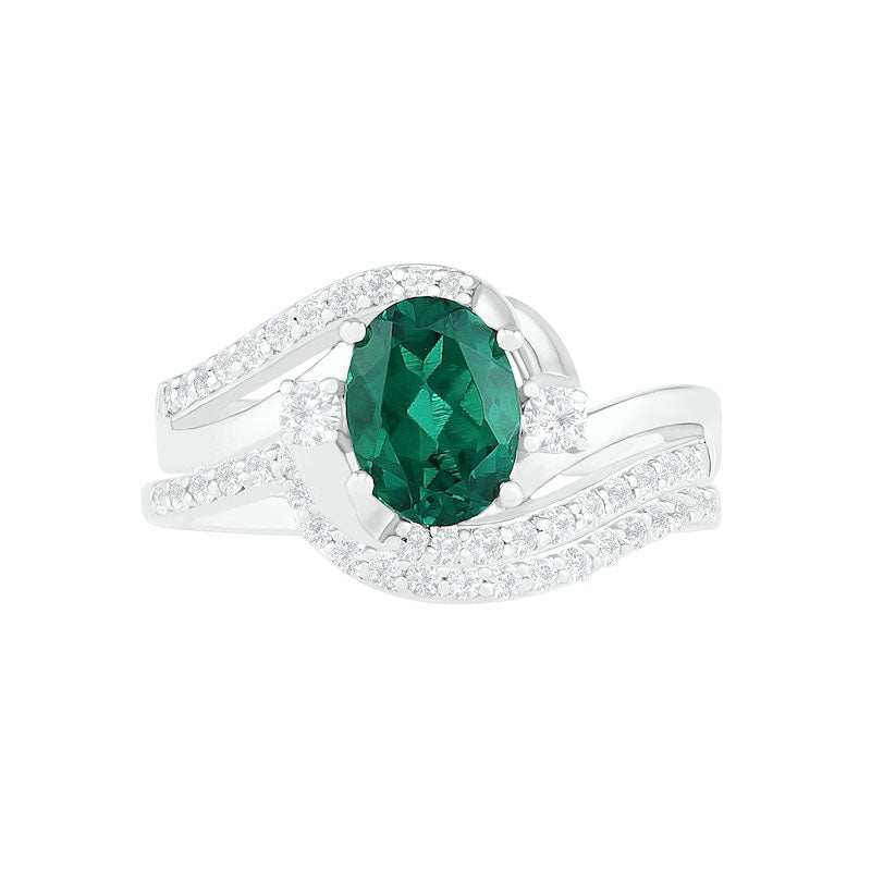 Oval Lab-Created Emerald and White Sapphire Side Accent Double Bypass Split Shank Bridal Engagement Ring Set in Sterling Silver
