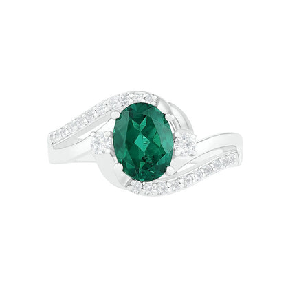 Oval Lab-Created Emerald and White Sapphire Side Accent Double Bypass Split Shank Bridal Engagement Ring Set in Sterling Silver