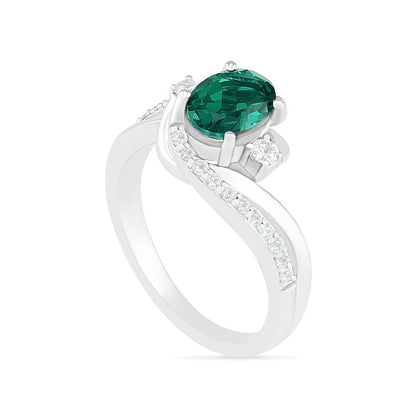 Oval Lab-Created Emerald and White Sapphire Side Accent Double Bypass Split Shank Bridal Engagement Ring Set in Sterling Silver