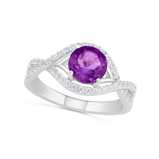 7.0mm Amethyst and White Lab-Created Sapphire Frame Evil Eye Twist Shank Ring in Sterling Silver