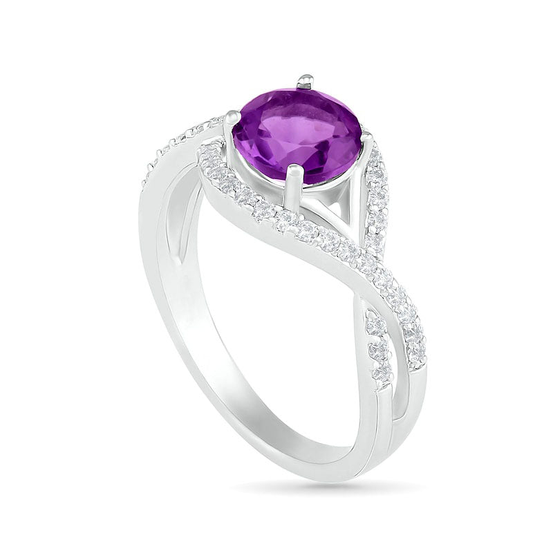 7.0mm Amethyst and White Lab-Created Sapphire Frame Evil Eye Twist Shank Ring in Sterling Silver