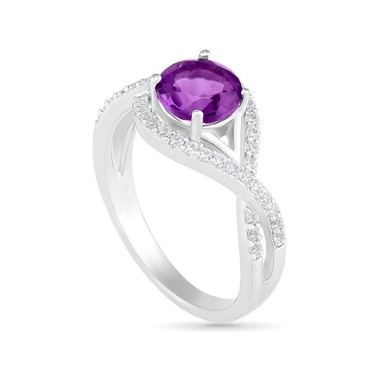 7.0mm Amethyst and White Lab-Created Sapphire Frame Evil Eye Twist Shank Ring in Sterling Silver