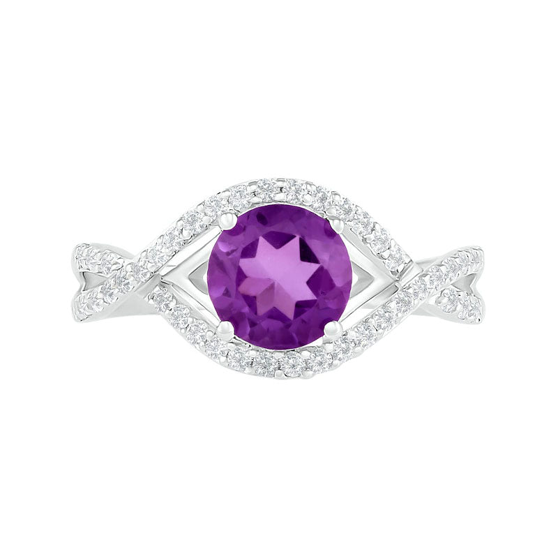 7.0mm Amethyst and White Lab-Created Sapphire Frame Evil Eye Twist Shank Ring in Sterling Silver