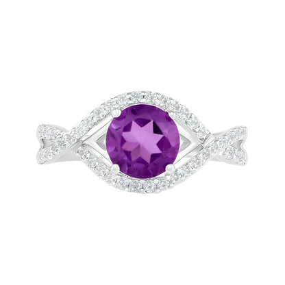 7.0mm Amethyst and White Lab-Created Sapphire Frame Evil Eye Twist Shank Ring in Sterling Silver