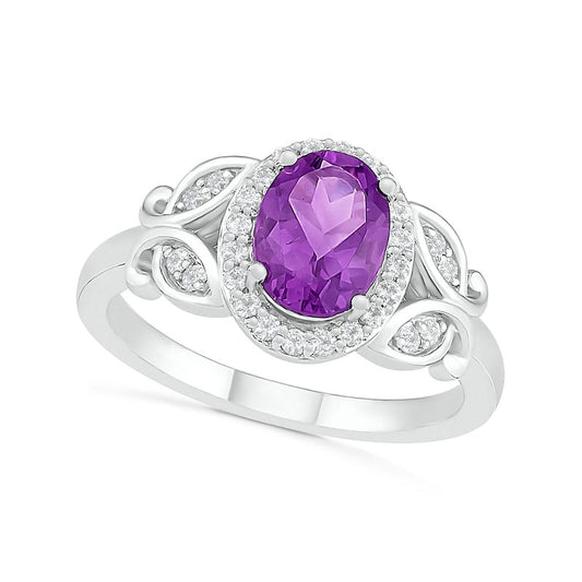 Oval Amethyst and White Lab-Created Sapphire Frame Leaf-Sides Ring in Sterling Silver