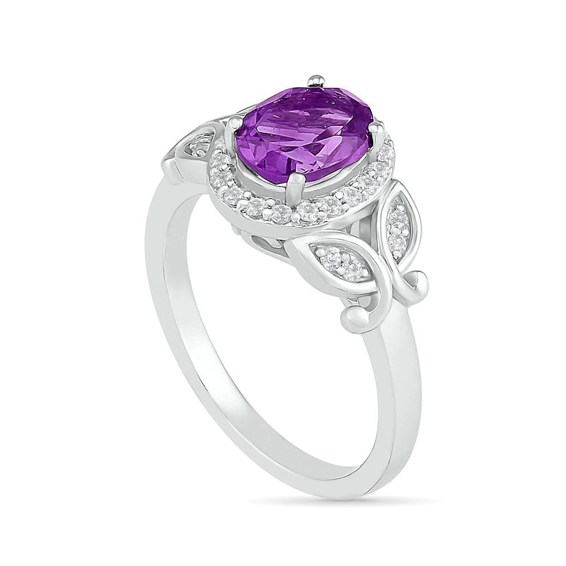 Oval Amethyst and White Lab-Created Sapphire Frame Leaf-Sides Ring in Sterling Silver