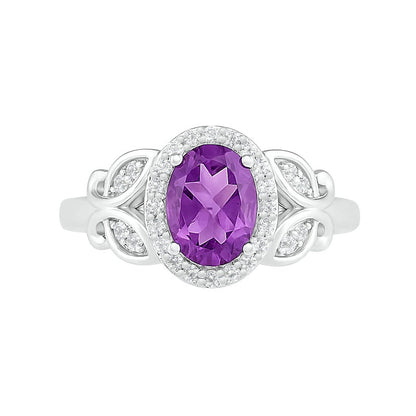 Oval Amethyst and White Lab-Created Sapphire Frame Leaf-Sides Ring in Sterling Silver