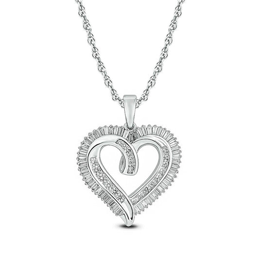 0.75 CT. T.W. Baguette and Round Natural Diamond Looped Heart Pendant in 10K White Gold