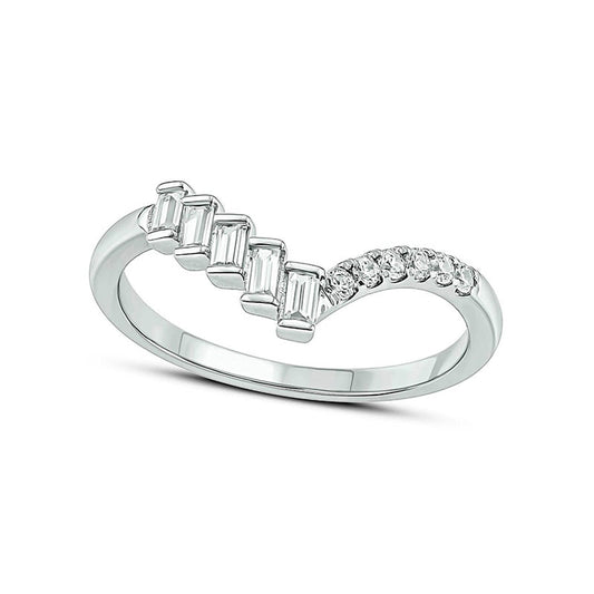 0.20 CT. T.W. Baguette and Round Natural Diamond Chevron Ring in Solid 10K White Gold