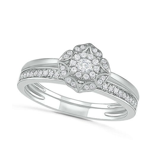 0.33 CT. T.W. Natural Diamond Flower Frame Bridal Engagement Ring Set in Solid 10K White Gold
