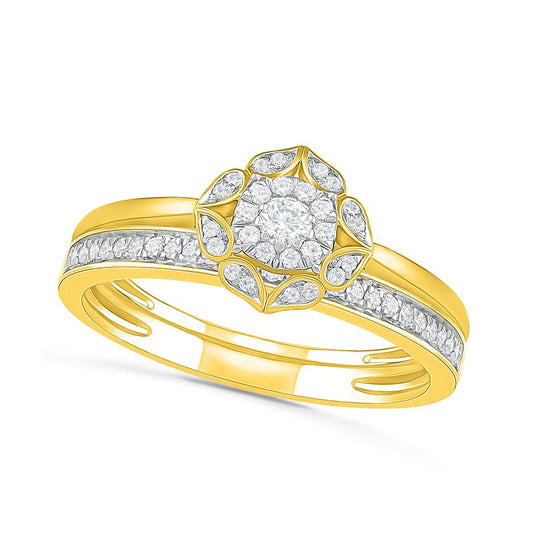 0.33 CT. T.W. Natural Diamond Flower Frame Bridal Engagement Ring Set in Solid 10K Yellow Gold