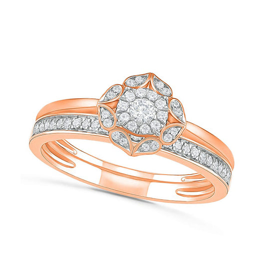 0.33 CT. TW. Natural Diamond Flower Frame Bridal Engagement Ring Set in Solid 10K Rose Gold