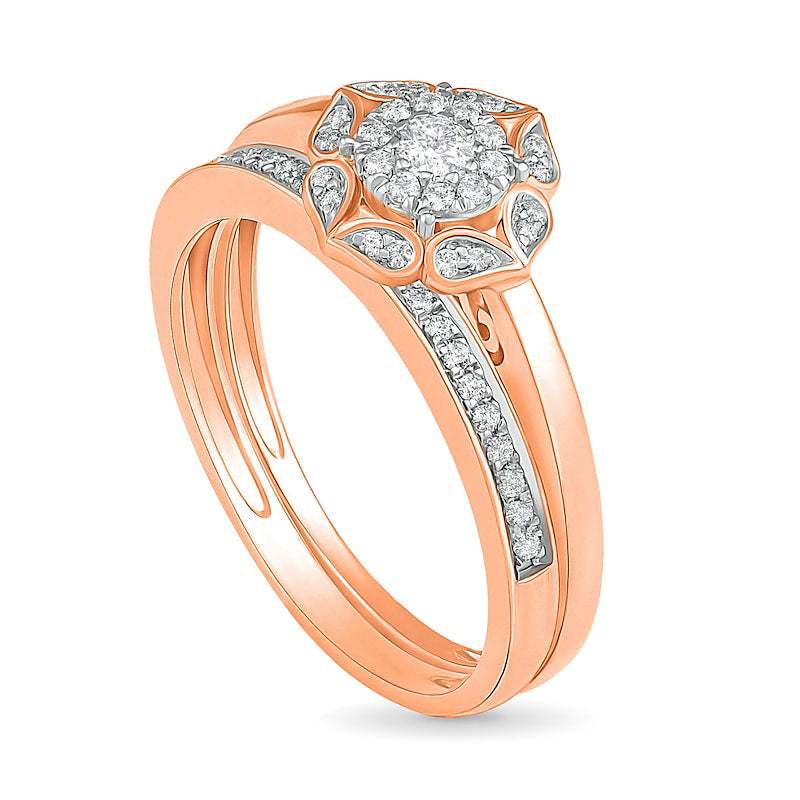0.33 CT. TW. Natural Diamond Flower Frame Bridal Engagement Ring Set in Solid 10K Rose Gold