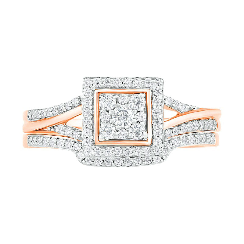 0.38 CT. T.W. Composite Natural Diamond Square Frame Split Shank Bridal Engagement Ring Set in Solid 10K Rose Gold