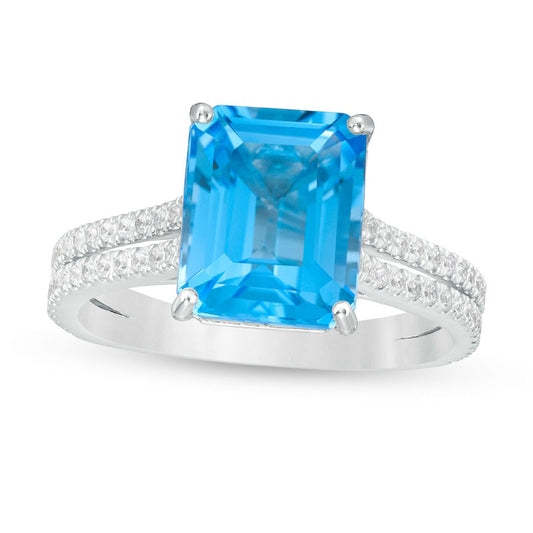 Emerald-Cut Swiss Blue Topaz and 0.33 CT. T.W. Natural Diamond Double Row Engagement Ring in Solid 14K White Gold