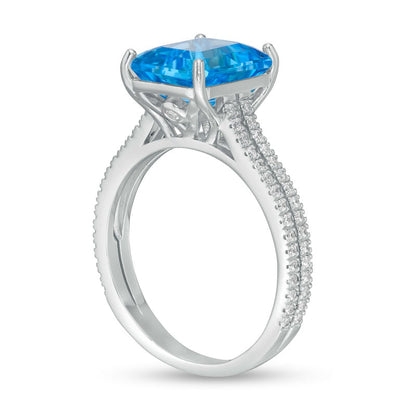 Emerald-Cut Swiss Blue Topaz and 0.33 CT. T.W. Natural Diamond Double Row Engagement Ring in Solid 14K White Gold