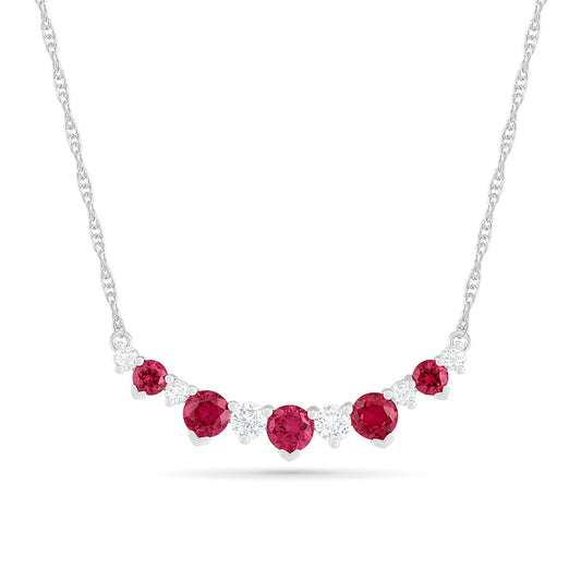 Lab-Created Ruby and White Sapphire Graduated Five Stone Curved Bar Necklace in Sterling Silver