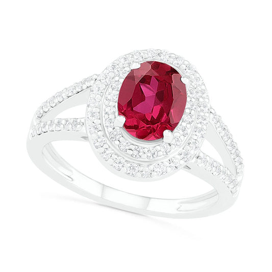 Oval Lab-Created Ruby and White Sapphire Double Frame Split Shank Ring in Sterling Silver