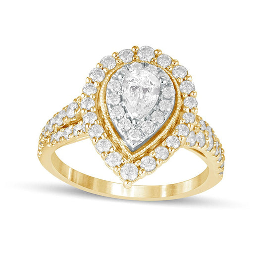 1.5 CT. T.W. Pear-Shaped Natural Diamond Double Frame Antique Vintage-Style Engagement Ring in Solid 14K Gold