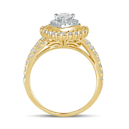 1.5 CT. T.W. Pear-Shaped Natural Diamond Double Frame Antique Vintage-Style Engagement Ring in Solid 14K Gold