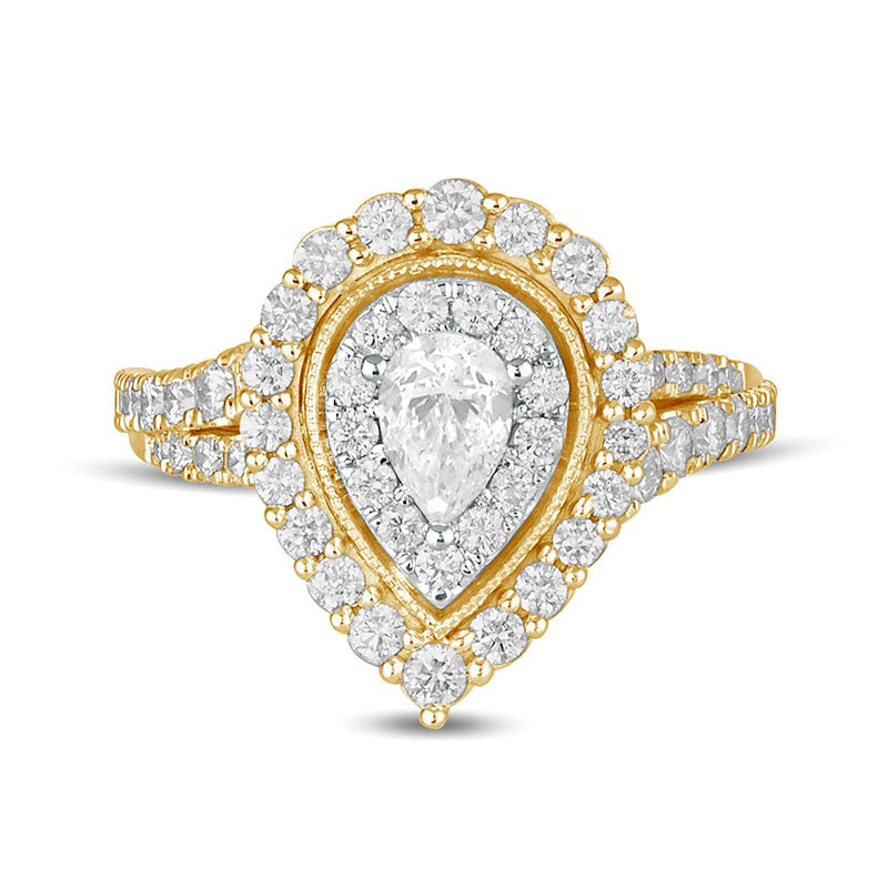 1.5 CT. T.W. Pear-Shaped Natural Diamond Double Frame Antique Vintage-Style Engagement Ring in Solid 14K Gold