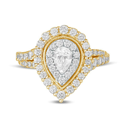 1.5 CT. T.W. Pear-Shaped Natural Diamond Double Frame Antique Vintage-Style Engagement Ring in Solid 14K Gold