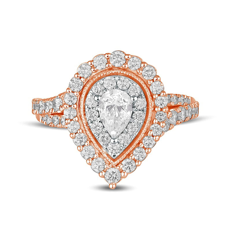 1.5 CT. T.W. Pear-Shaped Natural Diamond Double Frame Antique Vintage-Style Engagement Ring in Solid 14K Rose Gold