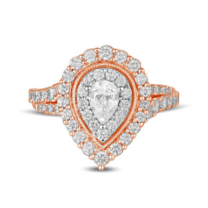 1.5 CT. T.W. Pear-Shaped Natural Diamond Double Frame Antique Vintage-Style Engagement Ring in Solid 14K Rose Gold