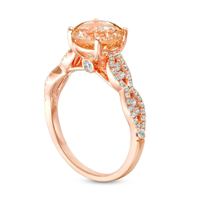 Morganite and 0.33 CT. T.W. Natural Diamond Braid Engagement Ring in Solid 14K Rose Gold