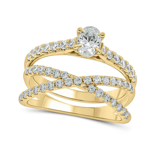1.25 CT. T.W. Oval Natural Diamond Crossover Bridal Engagement Ring Set in Solid 10K Yellow Gold