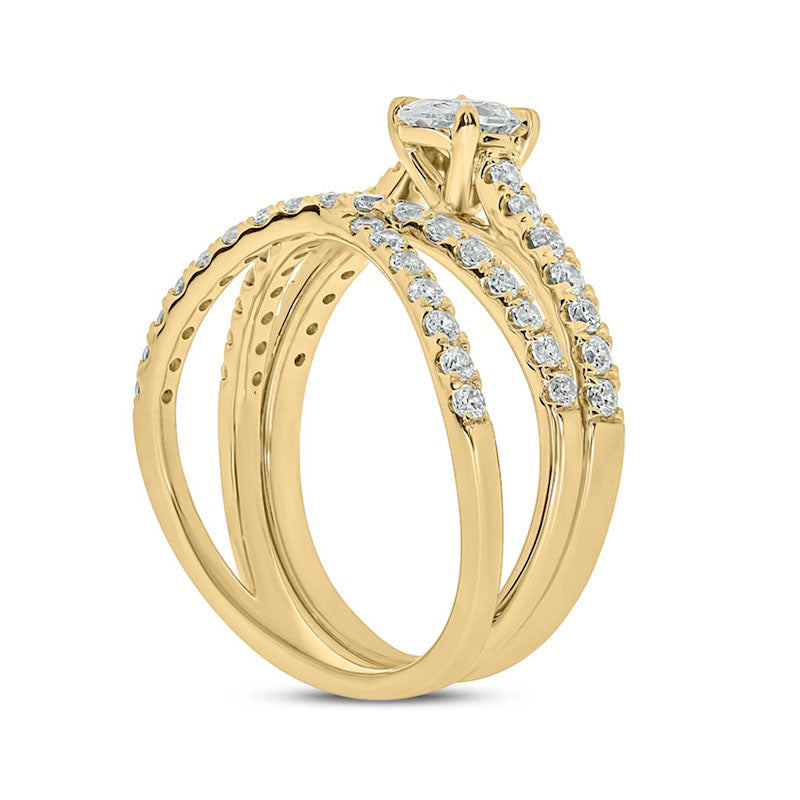 1.25 CT. T.W. Oval Natural Diamond Crossover Bridal Engagement Ring Set in Solid 10K Yellow Gold