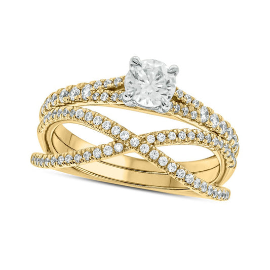1.0 CT. T.W. Natural Diamond Crossover Bridal Engagement Ring Set in Solid 10K Yellow Gold