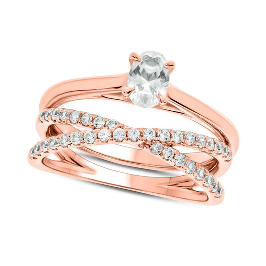 0.75 CT. T.W. Oval Natural Diamond Crossover Bridal Engagement Ring Set in Solid 10K Rose Gold